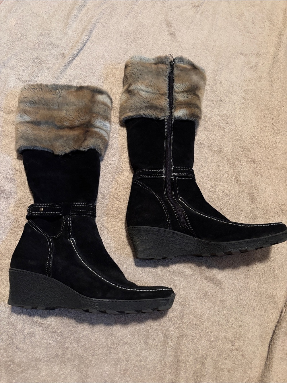 Nine West Black Suede Wedge Boots with Faux Fur Cuff